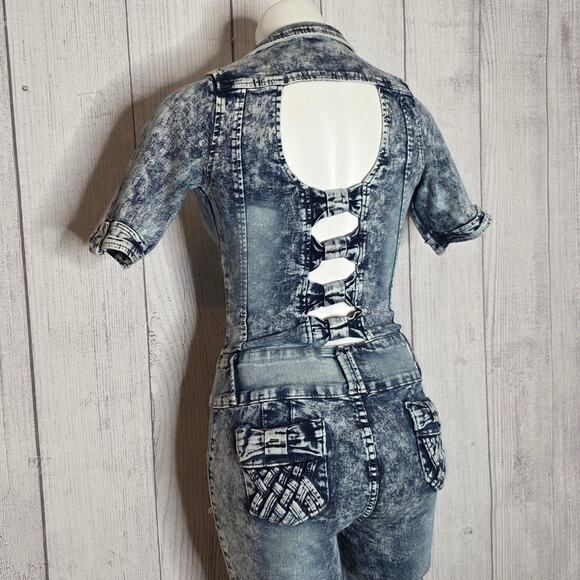 Y2K Acid Wash Distressed Denim Jumpsuit w Cut-outs, Bows & Woven Accents, sz 5 - Picture 11 of 14